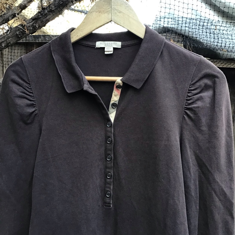 Burberry Brit Nova Check Brown Stretch Long Sleeve Polo Shirt Women’s Large - Picture 2 of 6